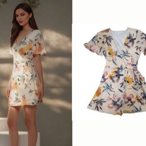 BCBGeneration Cream Floral Wrap Mini Dress with Yellow & Pink Accents